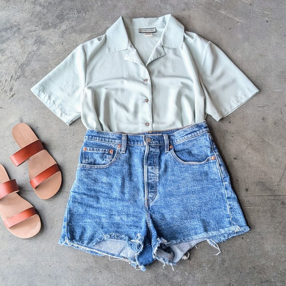 Vintage Notations Pastel Mint Green Button Front Short Sleeve Blouse large